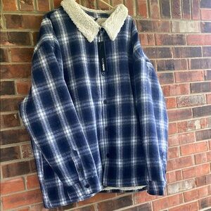 Navy Blue Plaid Sherpa Collar Jacket
